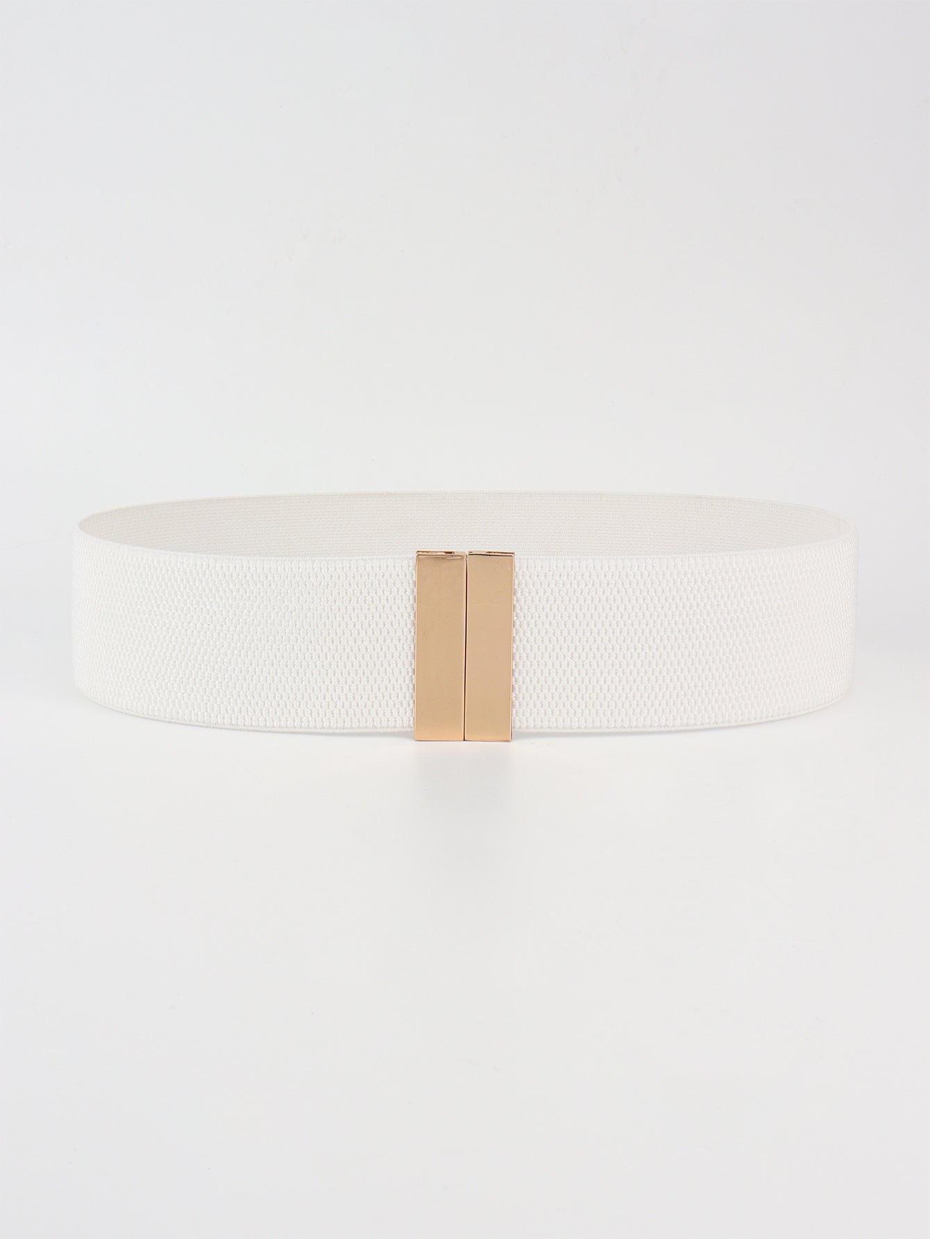 White elastic belt with gold clasp detail