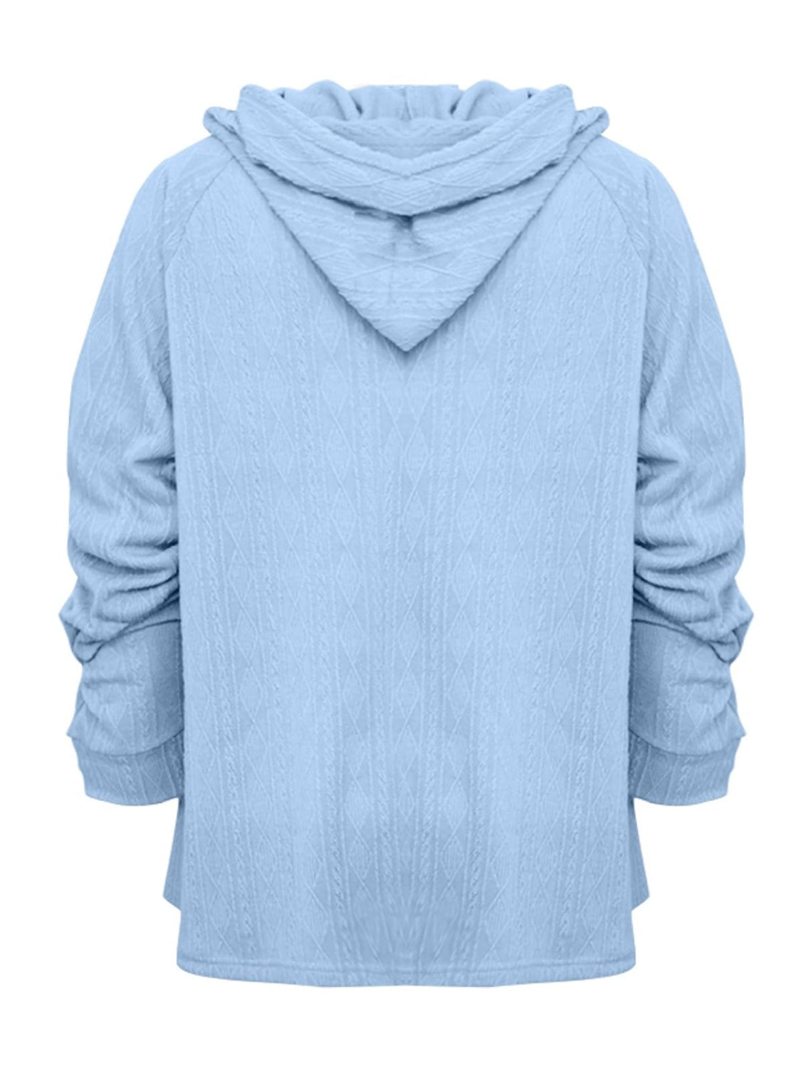 Light blue textured knit raglan hoodie with ruched sleeves