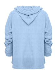 Light blue textured knit raglan hoodie with ruched sleeves