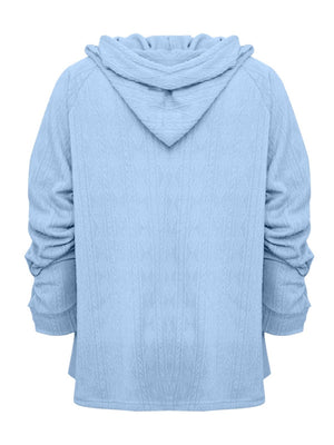 Light blue textured knit raglan hoodie with ruched sleeves