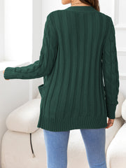 Textured cable-knit pocket cardigan in Gum Leaf green acrylic with ribbed details and pockets.