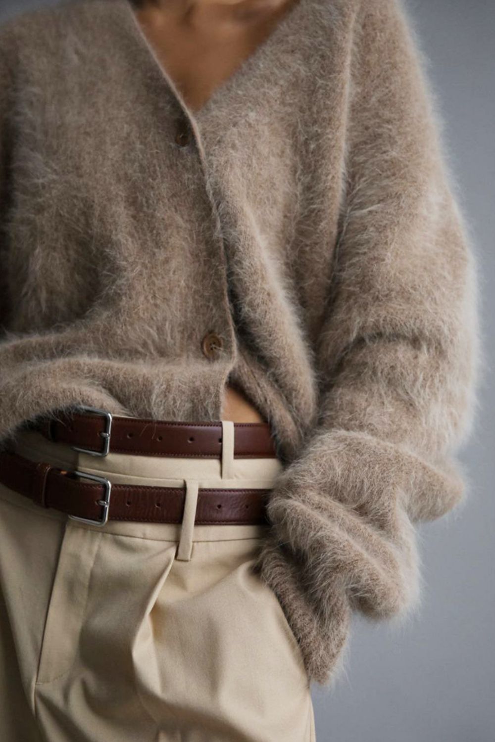 Khaki angora cardigan with sculpted sleeves and button front, V-neck