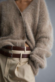 Khaki angora cardigan with sculpted sleeves and button front, V-neck