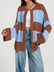 brown cardigan with color-block and round neck