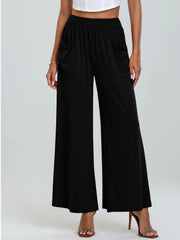 Black elastic waist palazzo trousers with pockets and wide legs.