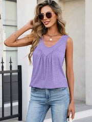 Purple V-neck tank top with gathered pleats and a relaxed fit.