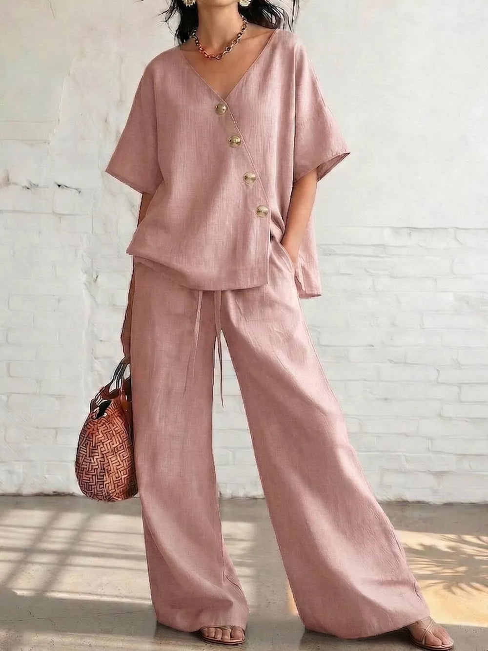 Full Size Surplice Half Sleeve Top And Wide-leg Pants Set, alternate angle