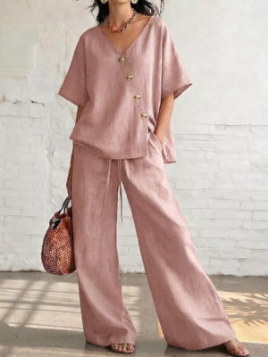 Full Size Surplice Half Sleeve Top And Wide-leg Pants Set, alternate angle
