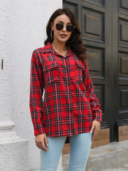 Red plaid overshirt with buttoned flap pockets and collar.