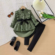 Toddler girls' green heart print ruffle button-down shirt with black bow belt and black leggings.