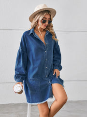 Dark blue denim shirtdress with voluminous sleeves, button front, pockets, and frayed hem.