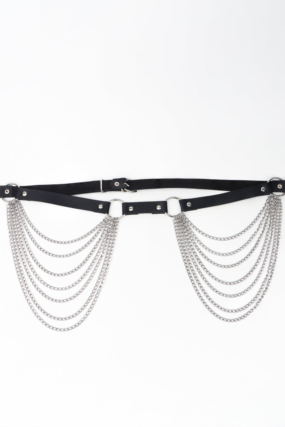 Black belt with cascading silver chains and silver hardware