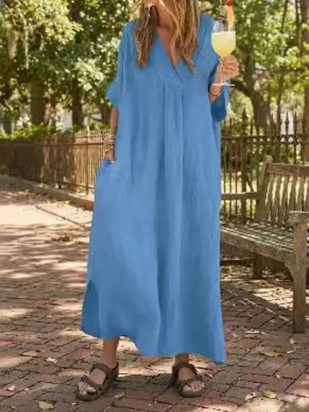 Full Size V-neck Maxi Dress Plus Size in Navy Blue, fit detail