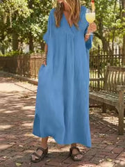 Full Size V-neck Maxi Dress Plus Size in Navy Blue, fit detail