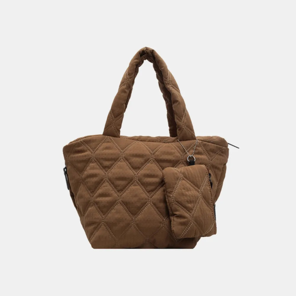 Quilted shopper bag in Coffee Brown with diamond pattern and attached coin purse.
