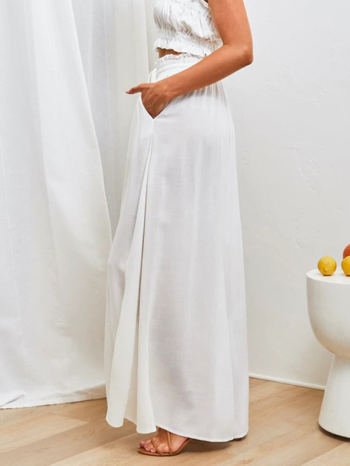 White gathered waist wide-leg palazzo maternity pants with pockets