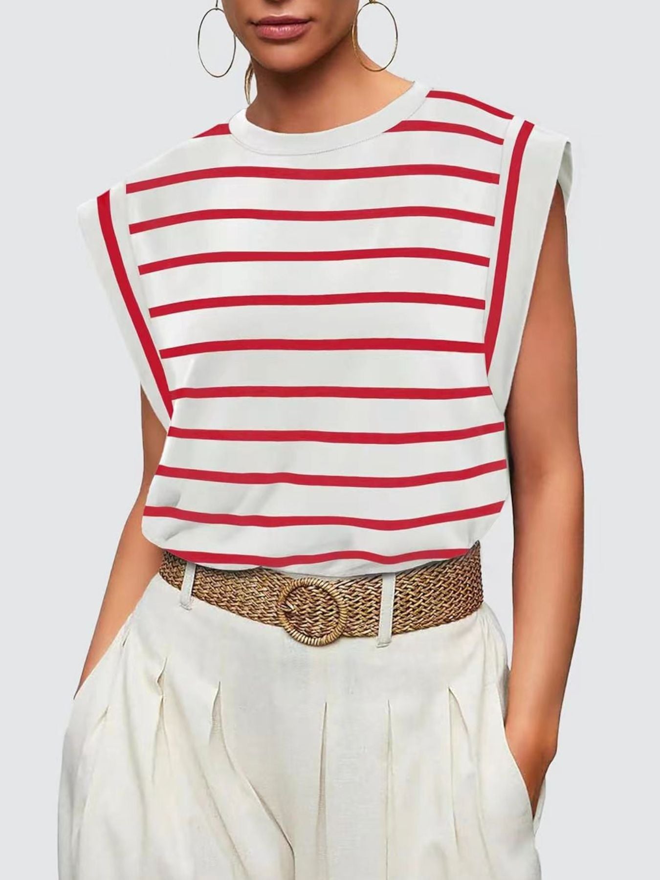 Classic striped sleeveless tank top in white with scarlet stripes and padded shoulders.