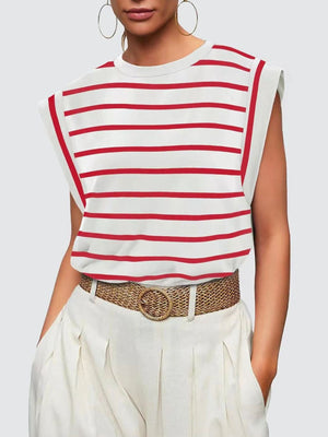 Classic striped sleeveless tank top in white with scarlet stripes and padded shoulders.