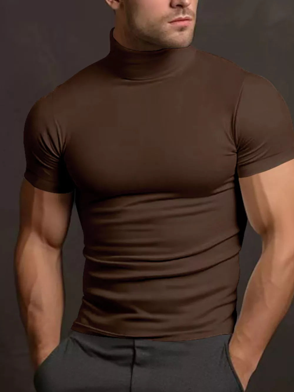 Men's Plus Size Short Sleeve Turtleneck T-shirt in Tan, back view