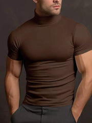 Men's Plus Size Short Sleeve Turtleneck T-shirt in Tan, back view