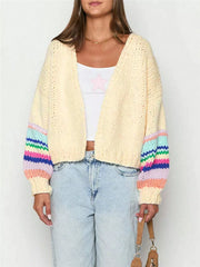 Chunky Knit Rainbow Sleeve Cardigan in Cream, side view