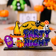 Spooky Scene Halloween tabletop decor with witch hat, RIP tombstone, gnome, pumpkins, bats, and Party Night text.