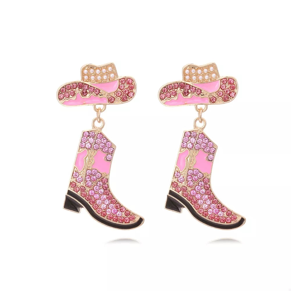 Pink cowboy boot dangle earrings with rhinestone and pearl embellished hats.