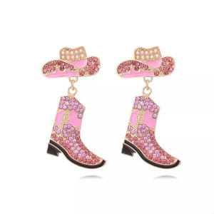 Pink cowboy boot dangle earrings with rhinestone and pearl embellished hats.