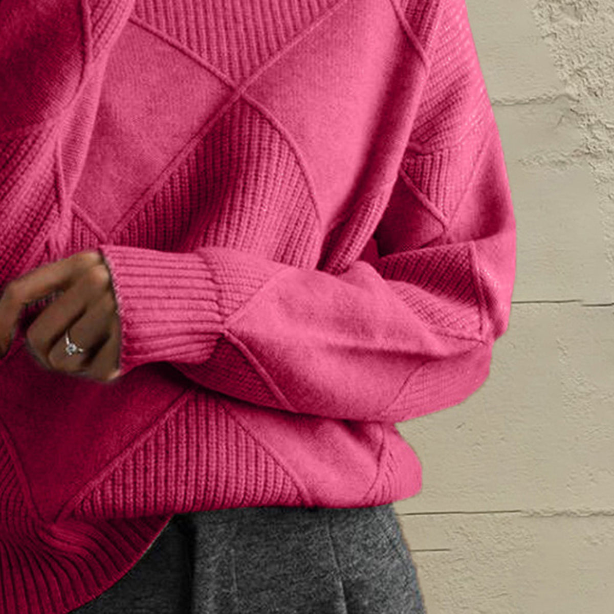 Hot Pink acrylic turtleneck sweater with diamond knit texture and ribbed cuffs.