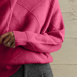 Hot Pink acrylic turtleneck sweater with diamond knit texture and ribbed cuffs.