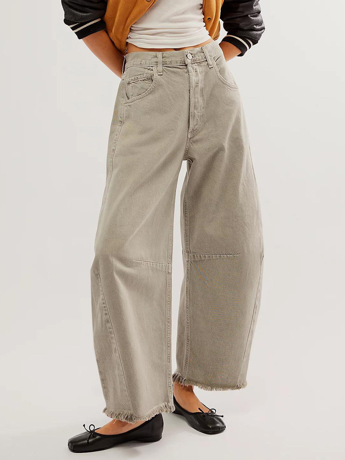 Dust Storm frayed hemline palazzo jeans with a wide leg and panel detail.