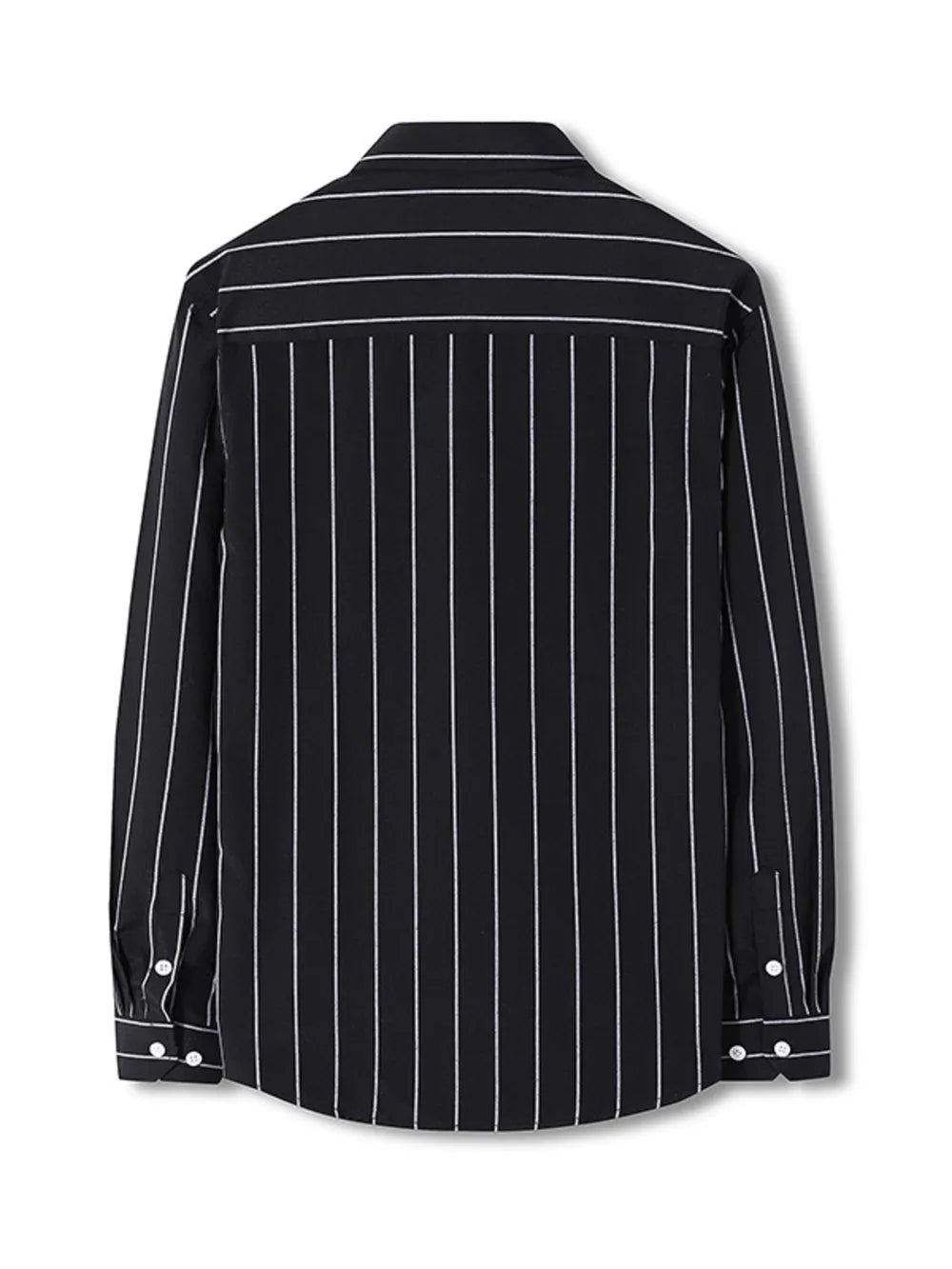Black striped long sleeve men's shirt with buttoned cuffs and collar.