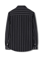 Black striped long sleeve men's shirt with buttoned cuffs and collar.
