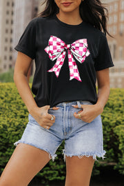 Gingham bow graphic tee in black, casual fit.
