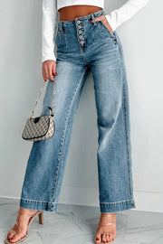 Button-fly wide-leg denim trousers in medium wash with a high waist.