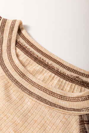 Paisley Puff Sleeve Raglan Tee in Dust Storm beige ribbed knit with brown contrast stitching detail.