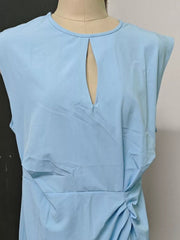 Pastel blue polyester dress with keyhole neckline and ruched side detail