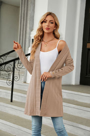 Khaki textured knit open-front duster cardigan with button detail on sleeves