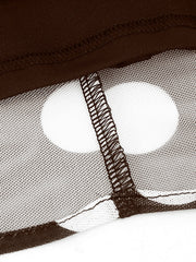 Brown polka dot mesh A-line skirt with visible stitching detail.