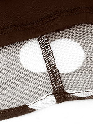 Brown polka dot mesh A-line skirt with visible stitching detail.