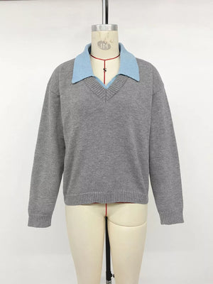 Contrast Collar Dropped Shoulder Sweater in Gray, editorial view