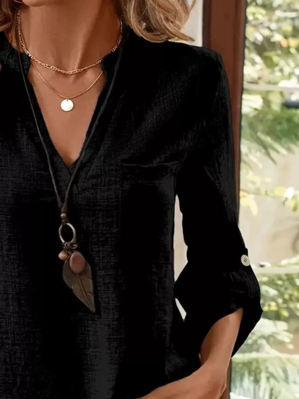 Casual V-neck Roll-sleeve T-shirt With Pocket in Khaki, fabric detail