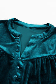 Deep Teal velvet henley blouse with gathered detail and button front