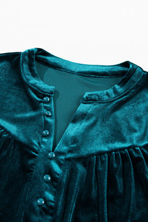 Deep Teal velvet henley blouse with gathered detail and button front