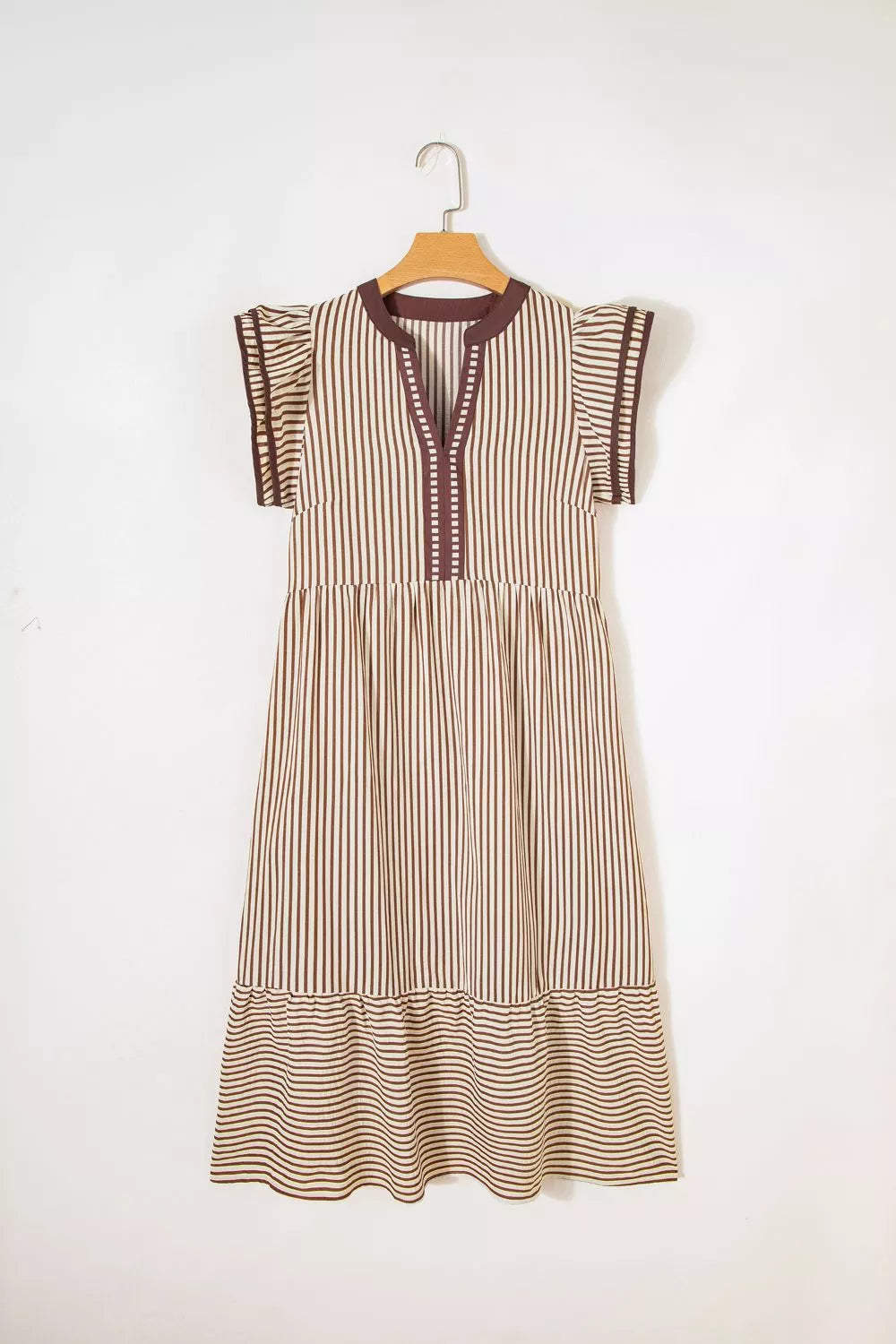 Striped midi dress with V-neck, flutter sleeves, tiered skirt, and pockets.