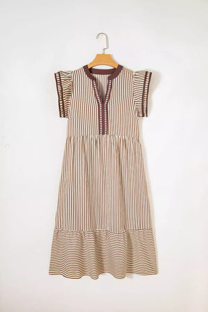 Striped midi dress with V-neck, flutter sleeves, tiered skirt, and pockets.