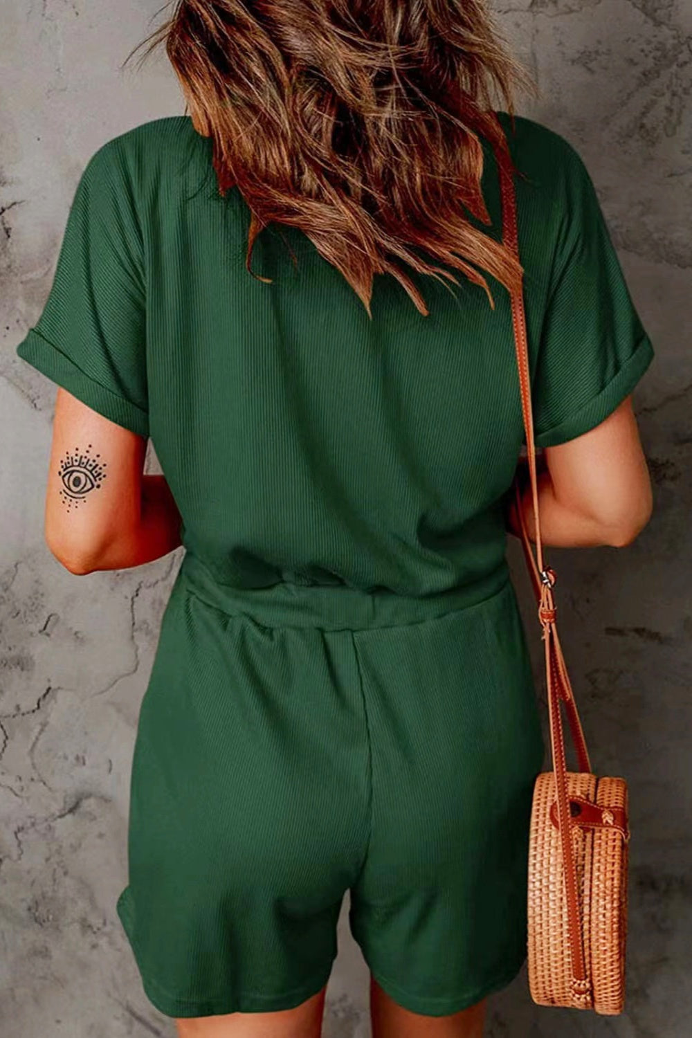 Dark Green V-Neck Days Romper One-Piece with cuffed short sleeves and drawstring waist.