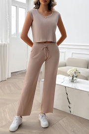 Taupe ribbed knit cropped lounge set with cap sleeves and wide-leg pants with drawstring waist.