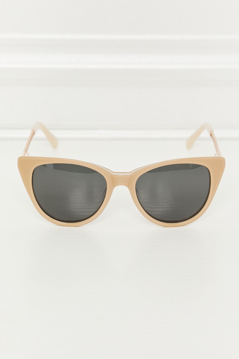 Cat-eye acetate sunglasses in mocha with chain detail on temples