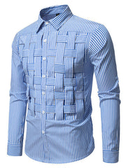 Blue striped button-down shirt with woven front detail